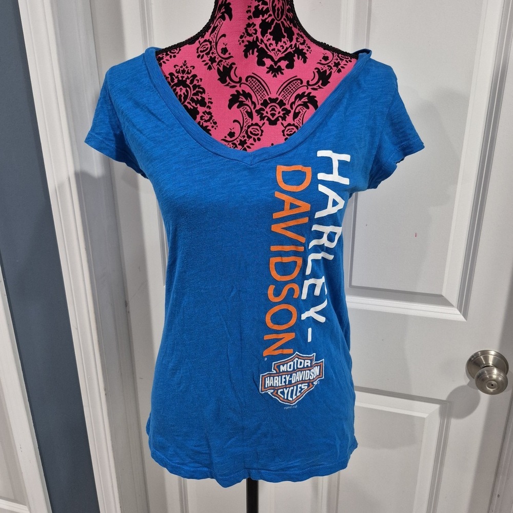 Harley Davidson Top Womens Medium Blue Orange V-Neck Tee Biker Motorcycle Y2K
